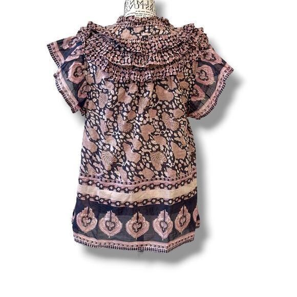 Sea New York Size M L Floral Ruffle Neck 100% Cotton Short Sleeve Blouse Top - Picture 7 of 7